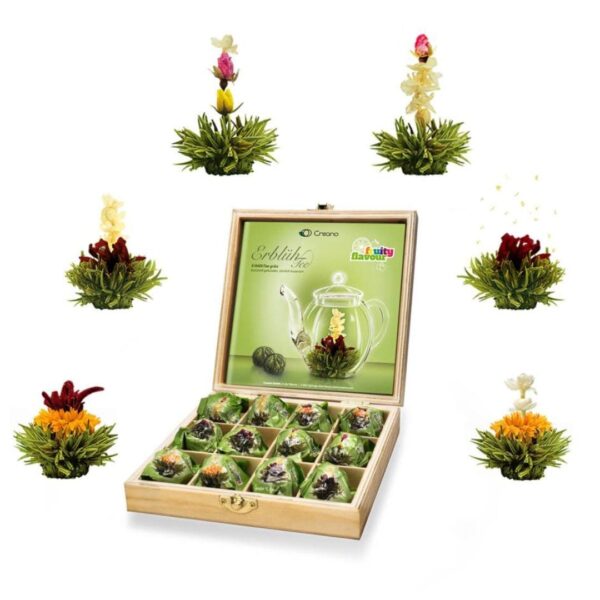 ceai verde fructat 12 flori in cutie de lemn